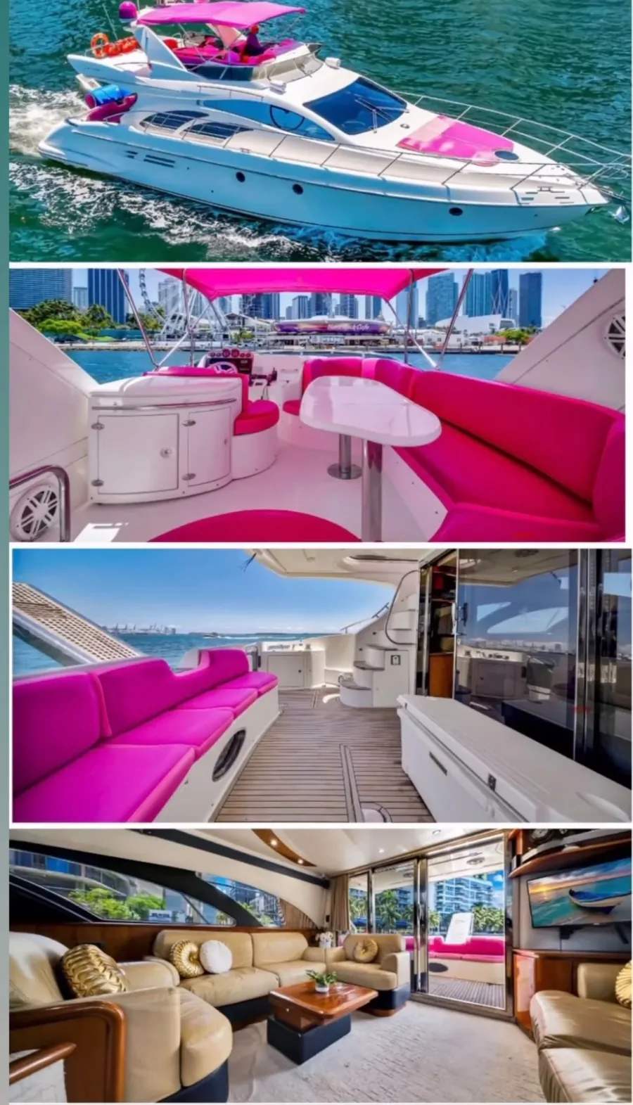 The Pink Panther 60' Azimut Miami yacht charter: exterior on Biscayne Bay, pink flybridge lounge with the Brickell skyline, stern deck, and interior salon